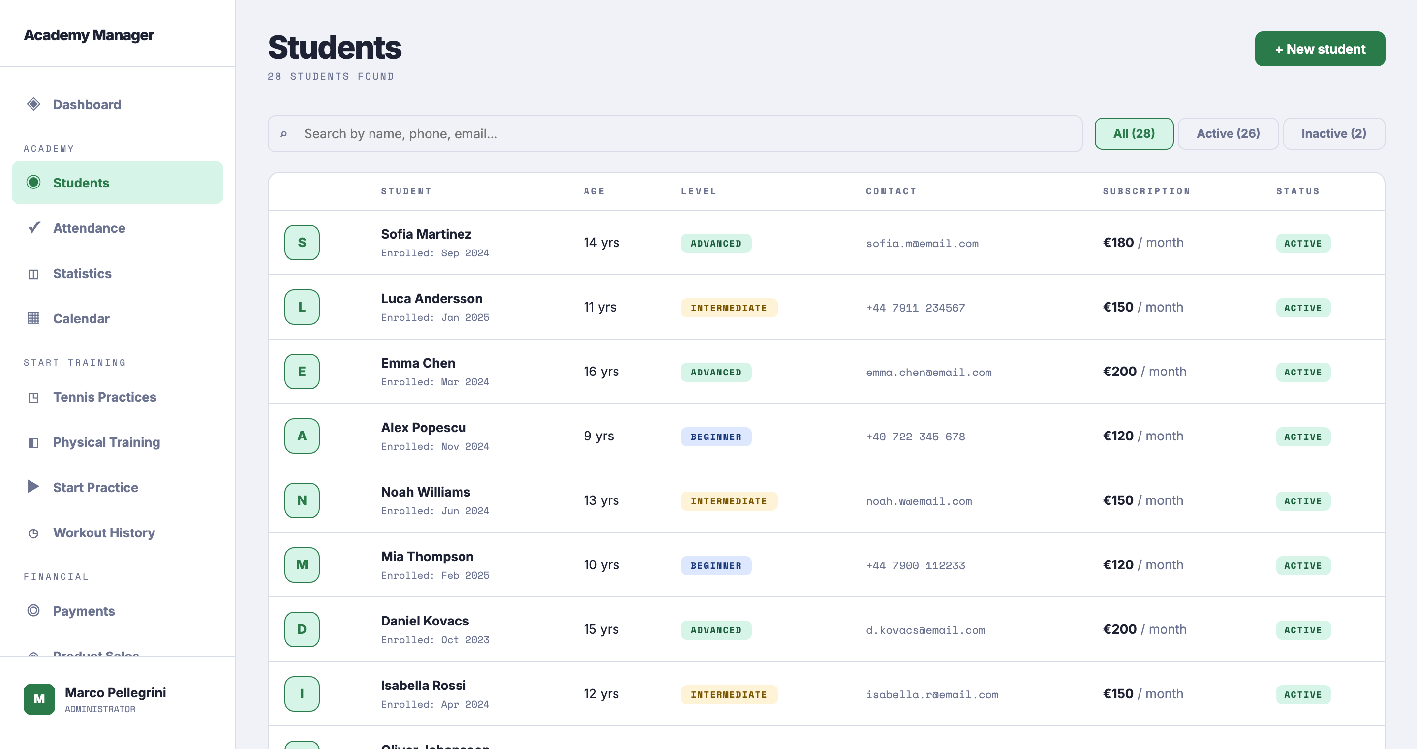 Student management view